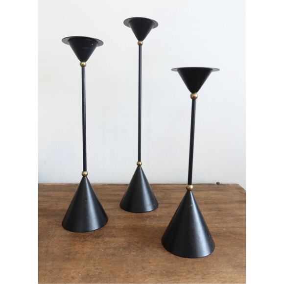 Set of 3 Vintage Post Modern Black & Brass Conical Candle Holders Memphis Style
